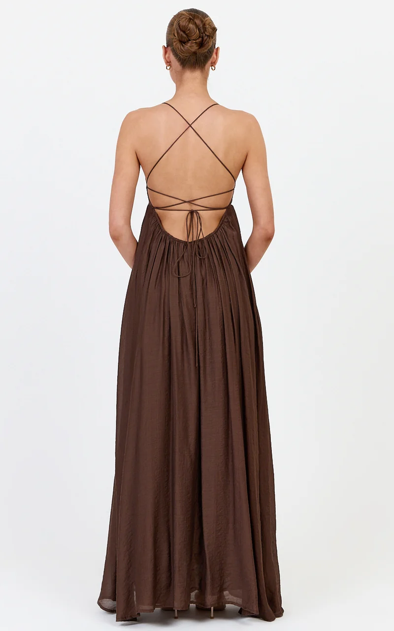 Kourtney Maxi Dress - V Neck Fit And Flare Dress With Tie Back Detail in Chocolate