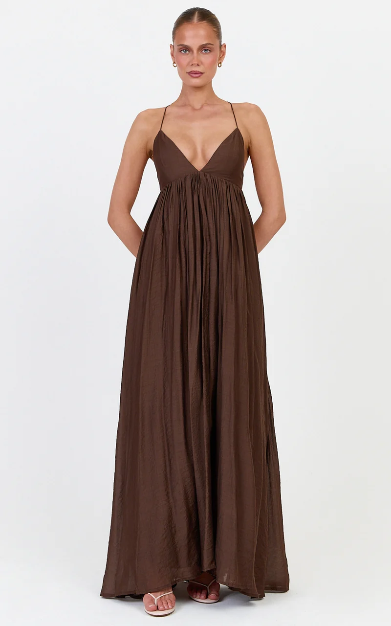Kourtney Maxi Dress - V Neck Fit And Flare Dress With Tie Back Detail in Chocolate