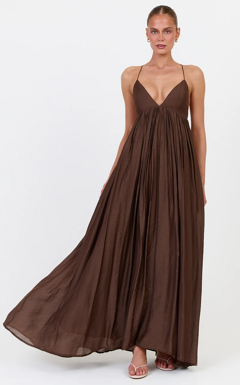 Kourtney Maxi Dress - V Neck Fit And Flare Dress With Tie Back Detail in Chocolate
