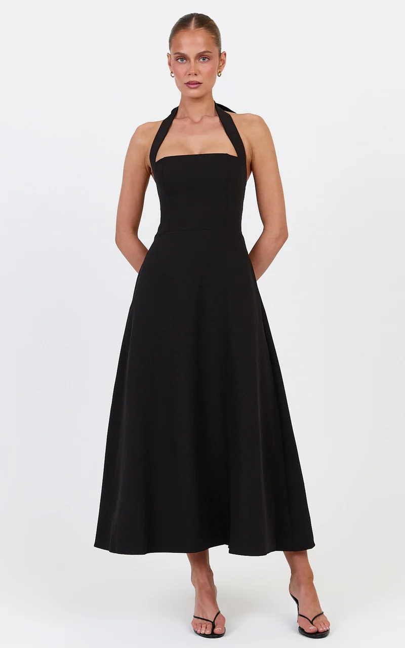Karissa Midi Dress - Halter Neck Fit and Flare Midi Dress in Black
