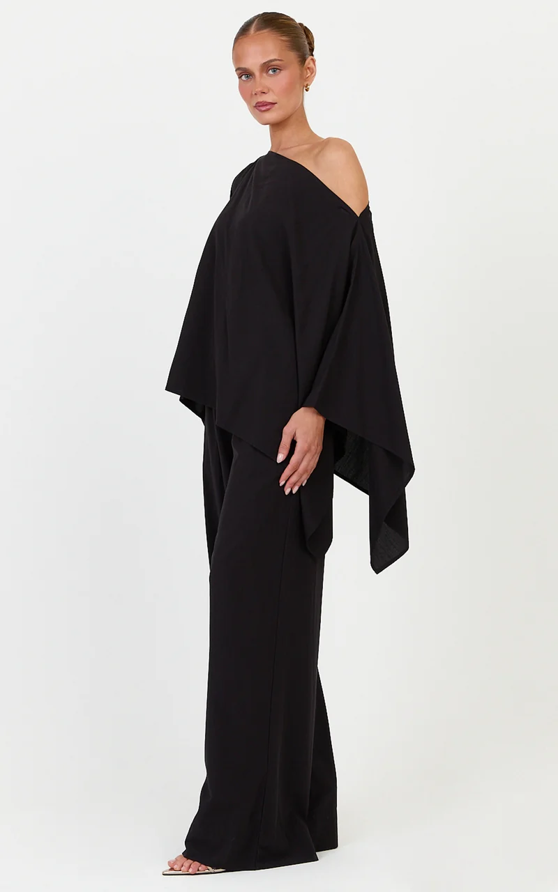 Beatrice Two Piece Top and Pants Set - Off Shoulder Cape Top and Pants Set in Black