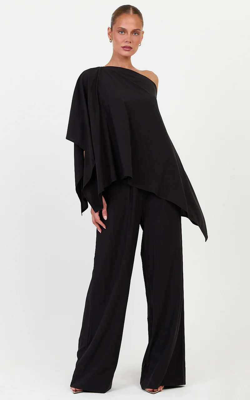 Beatrice Two Piece Top and Pants Set - Off Shoulder Cape Top and Pants Set in Black