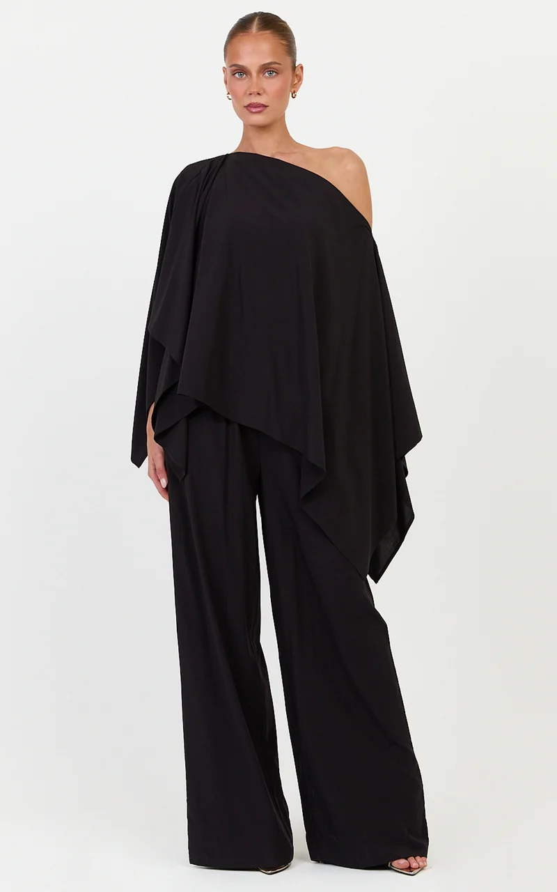 Beatrice Two Piece Top and Pants Set - Off Shoulder Cape Top and Pants Set in Black