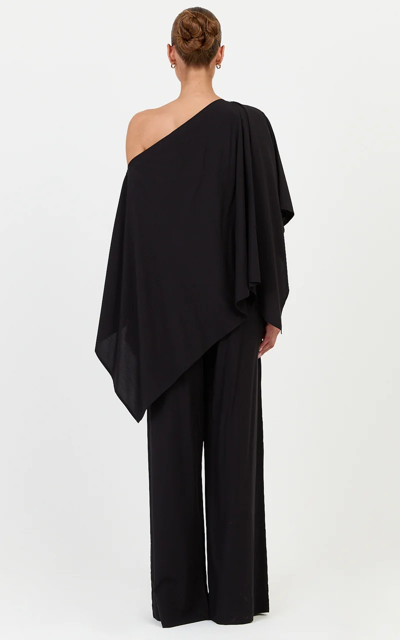 Beatrice Two Piece Top and Pants Set - Off Shoulder Cape Top and Pants Set in Black