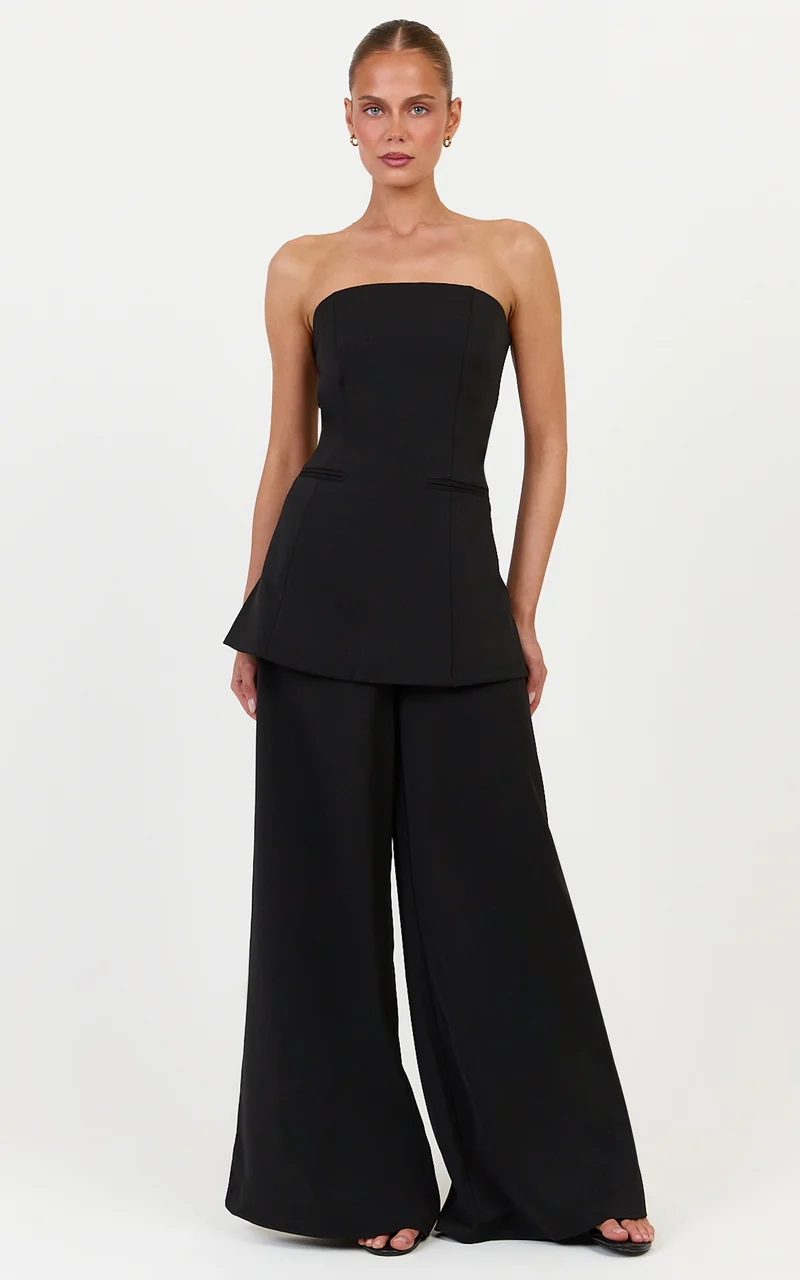 Jane Two Piece Top and Pants Set - Strapless Longline Top and Wide Leg Pants Set in Black