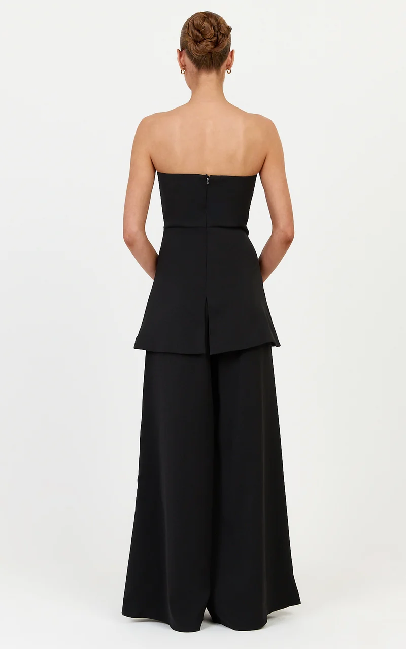 Jane Two Piece Top and Pants Set - Strapless Longline Top and Wide Leg Pants Set in Black