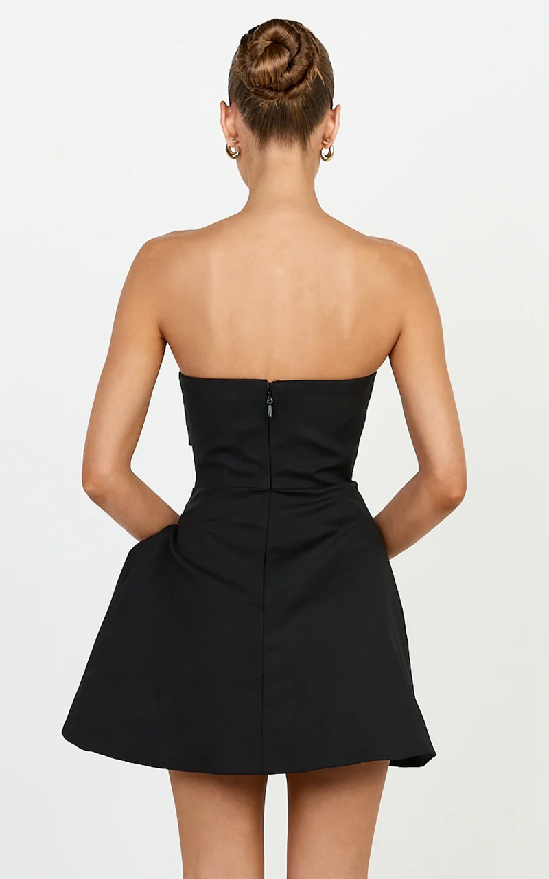 Celeste Mini Dress - Strapless Sculptural Tuck Dress in Black