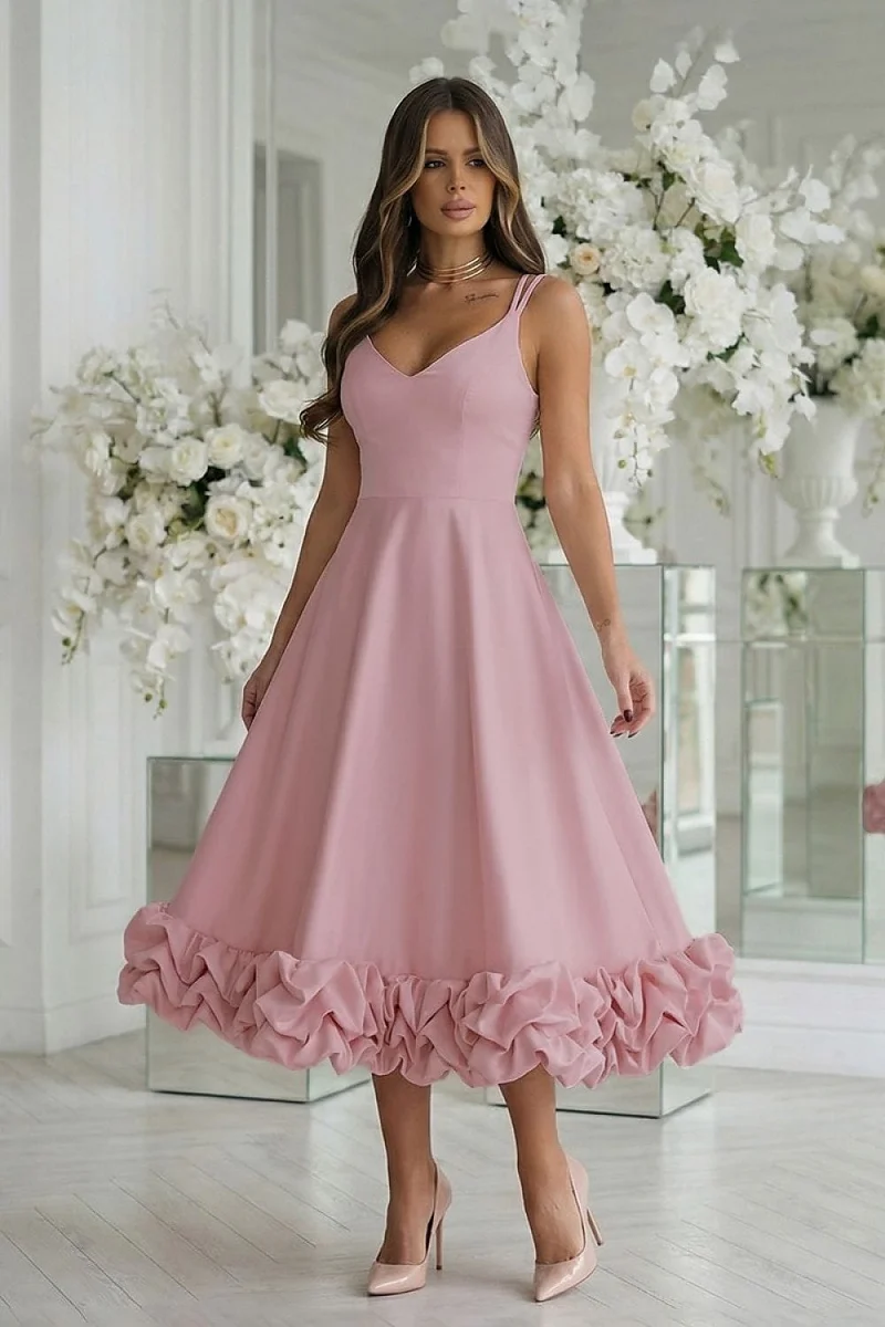 Robe de soirée rose midi chic évasée