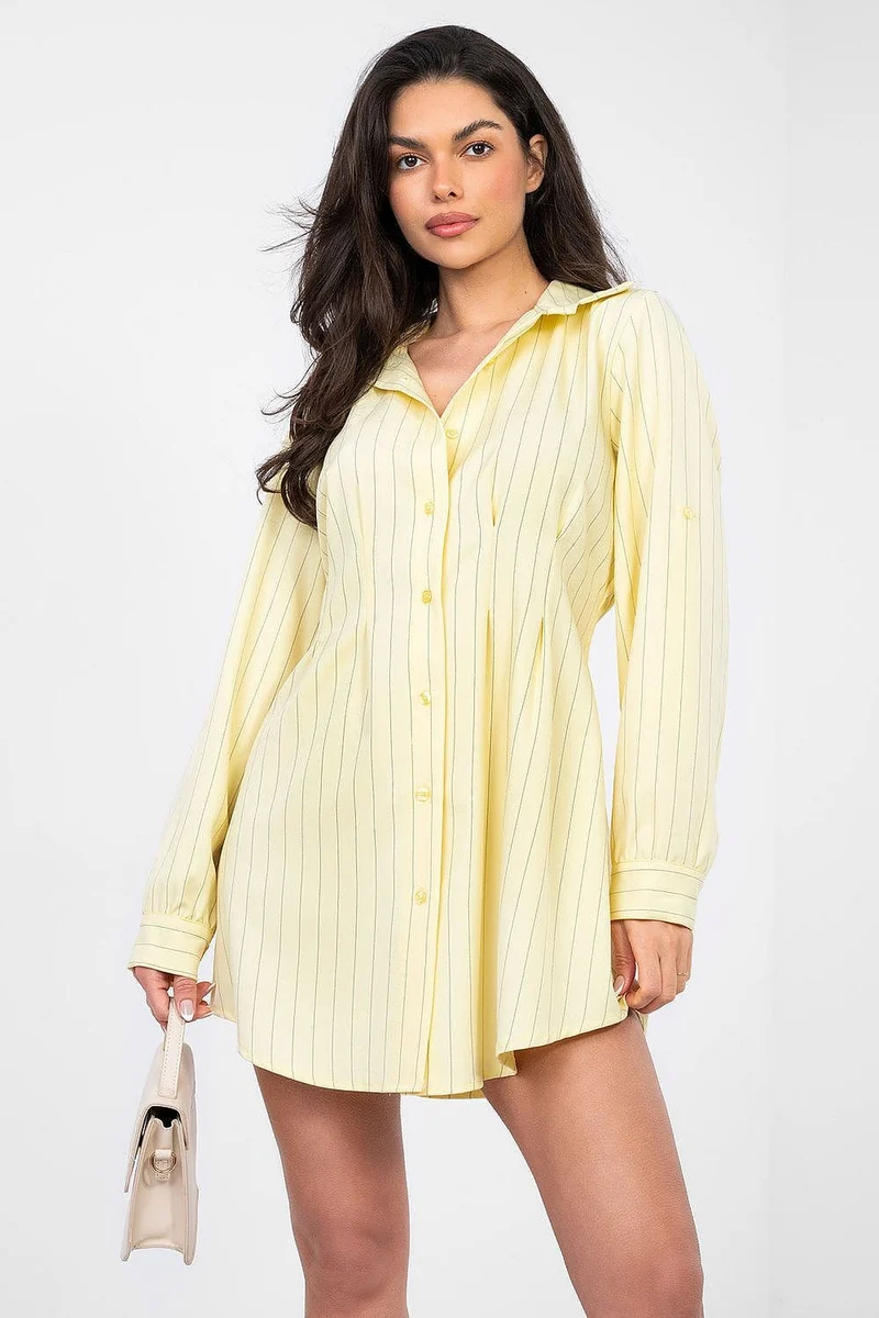 Robe chemise jaune rayée manches longues