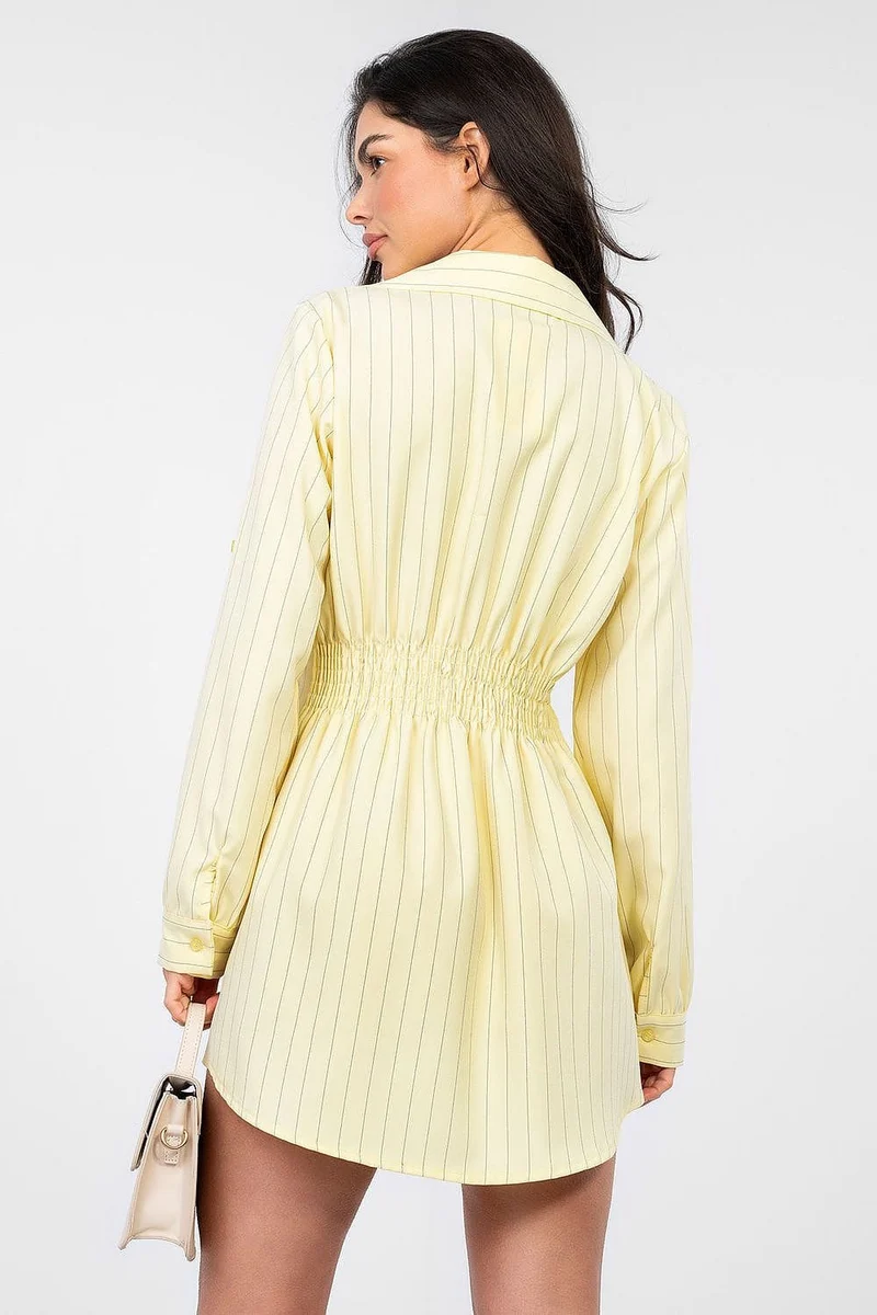 Robe chemise jaune rayée manches longues