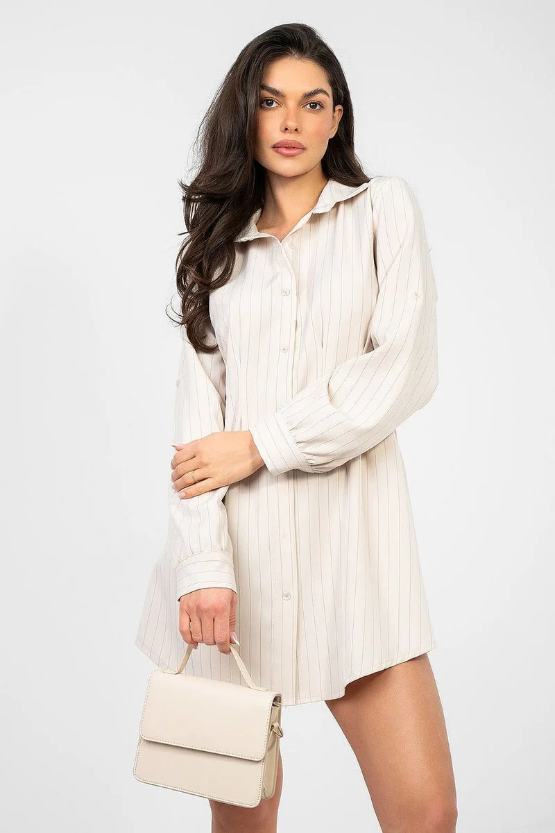 Robe chemise beige rayée manches longues