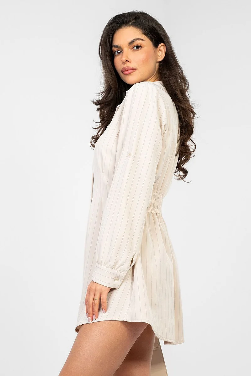 Robe chemise beige rayée manches longues