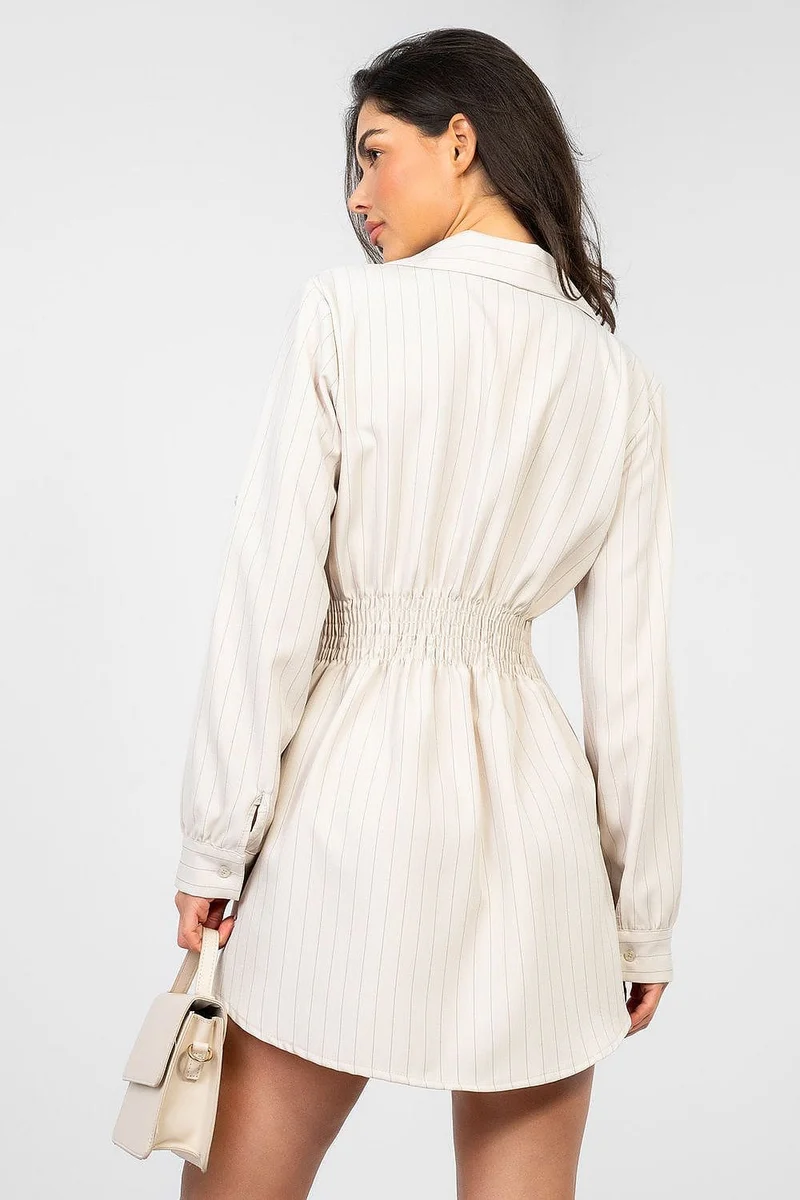 Robe chemise beige rayée manches longues