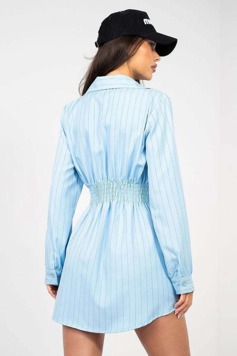 Robe chemise courte bleu manches longues