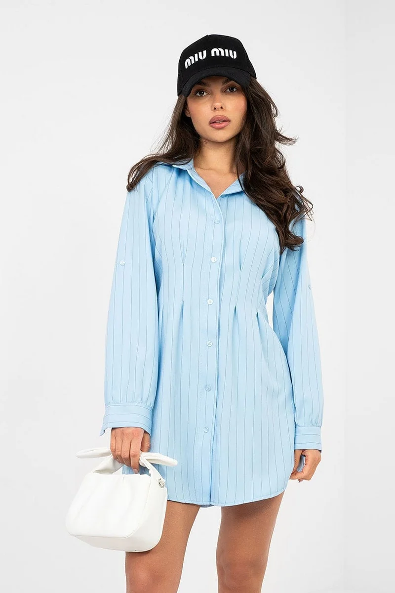 Robe chemise courte bleu manches longues