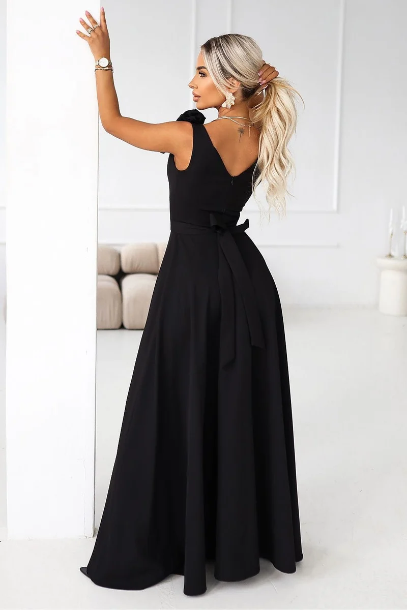 Robe de soirée longue fendue noire sans manches