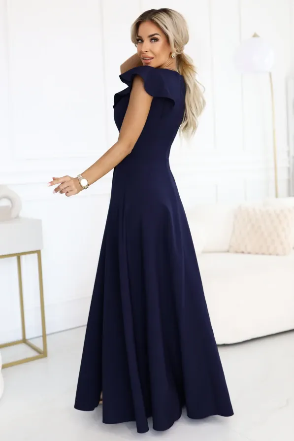 Robe de soirée longue fendue chic en bleu marine
