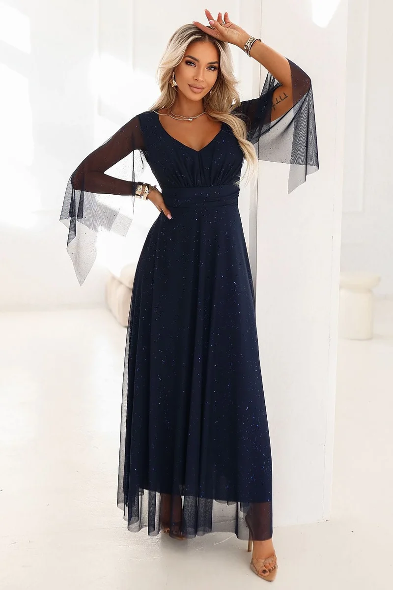 Robe de soirée bleu marine longue manches transparentes