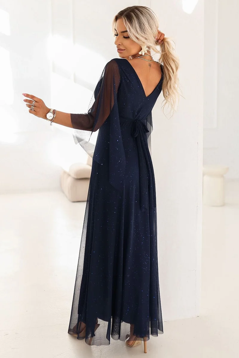 Robe de soirée bleu marine longue manches transparentes