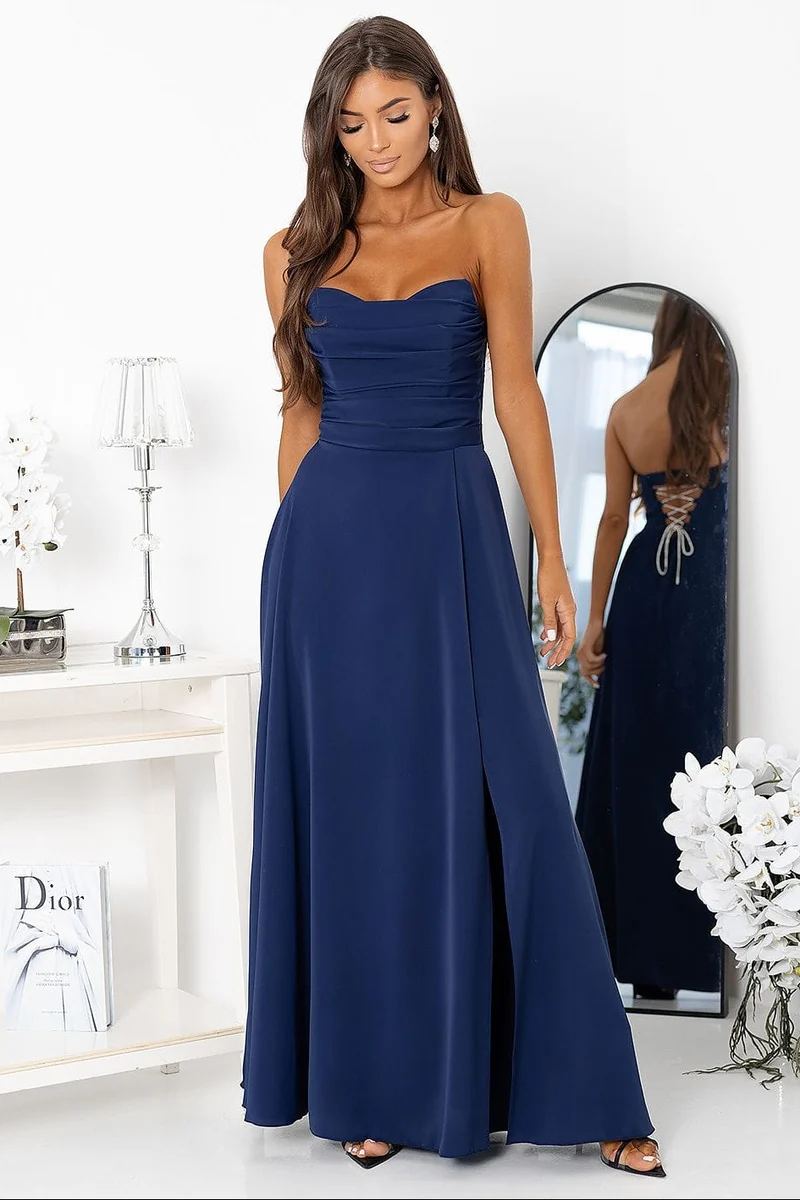 Robe de soirée bleue longue bustier fendue