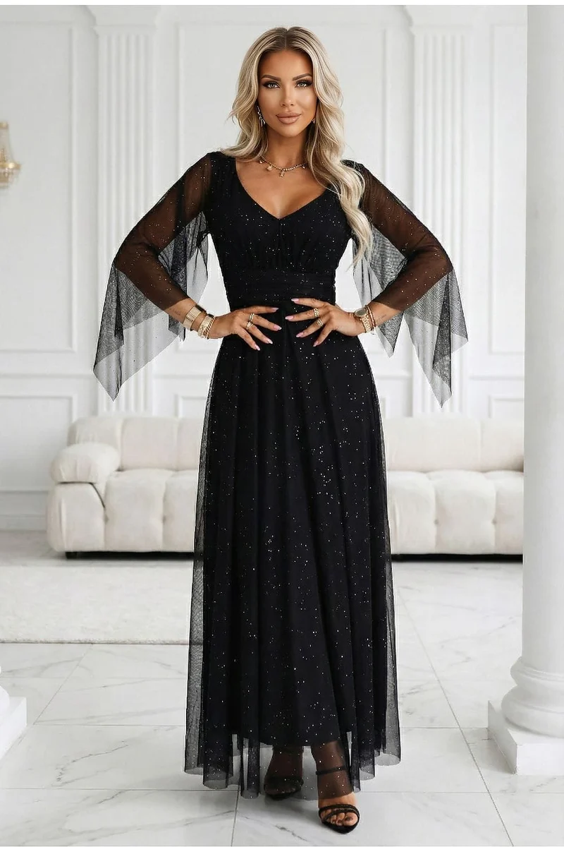Robe de soirée noire longue manches transparentes