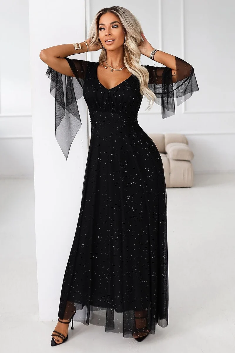 Robe de soirée noire longue manches transparentes
