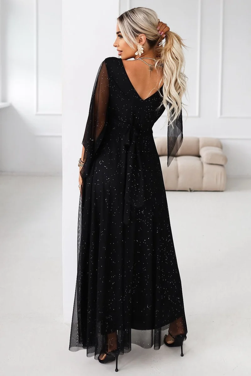 Robe de soirée noire longue manches transparentes