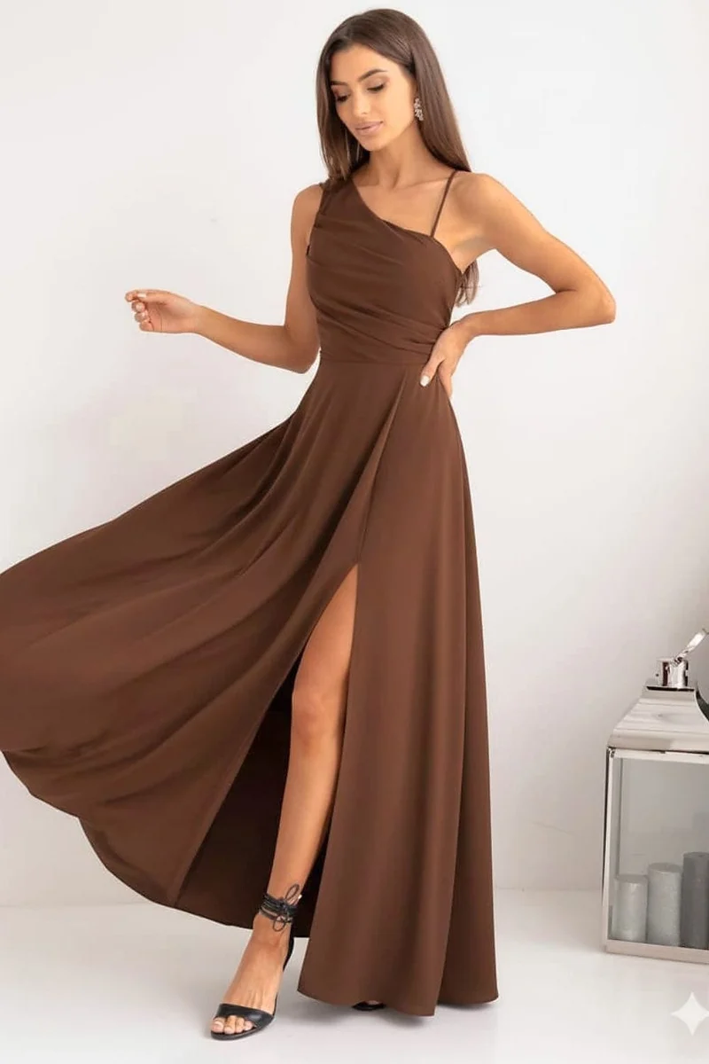 Robe longue fendue marron chocolat