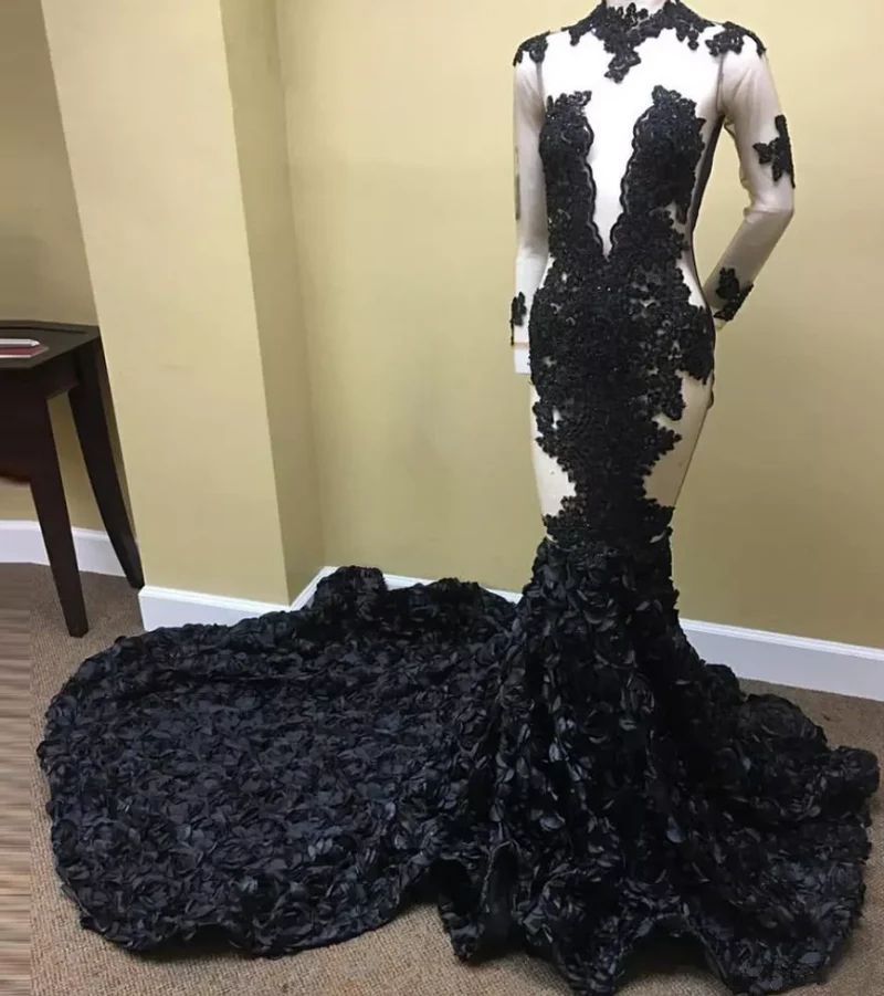 Élégante robe de soirée sirène en satin noir à manches longues et cristaux brillants