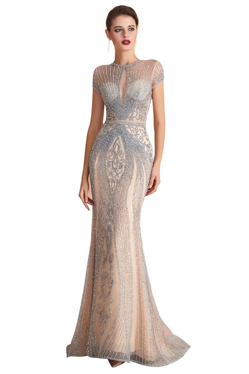 Charmante robe de soirée sirène à manches longues et traîne longue, ornée de perles dorées