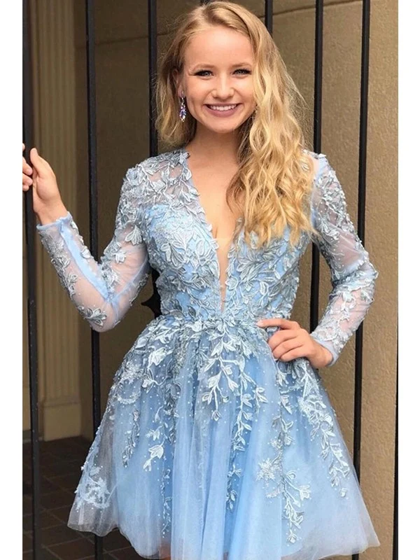 Charmante robe de soirée mi-longue en dentelle florale à manches longues et col en V pour le retour à la maison