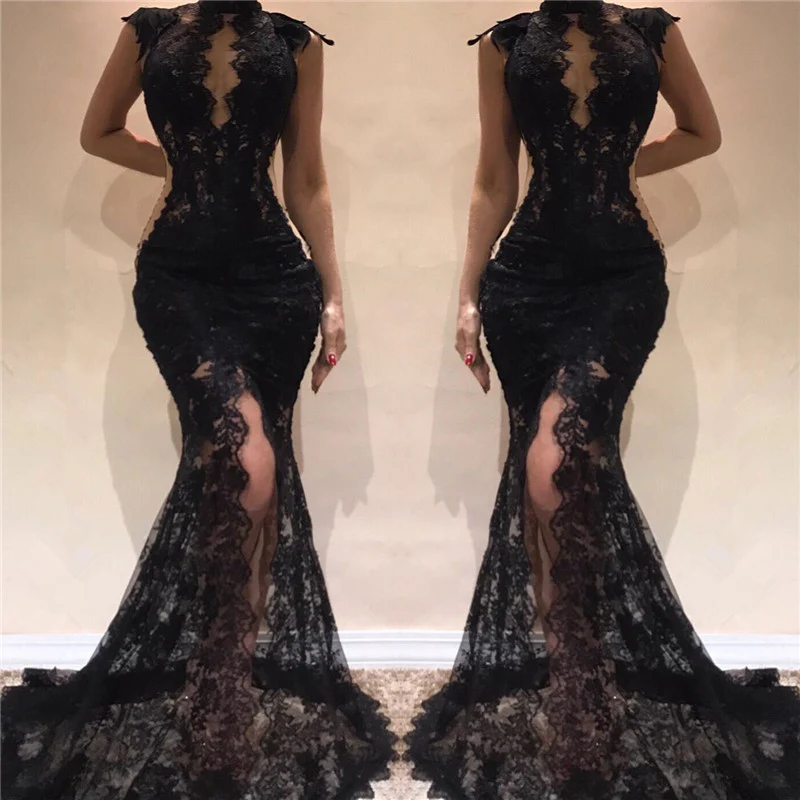 Robe de bal sirène noire élégante : manches longues, dos nu, appliqués en dentelle, longueur au sol