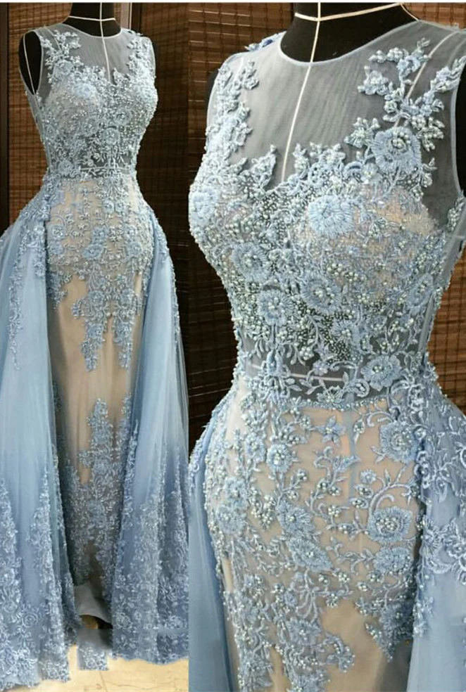 Robe de bal élégante en dentelle bleue avec traîne amovible, coupe trapèze sans manches