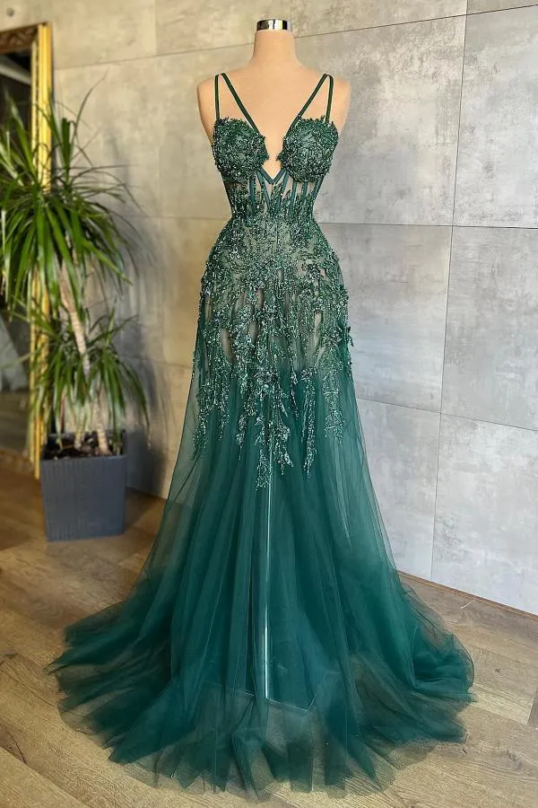 Charmante robe de soirée longue en tulle vert foncé, décolleté en cœur, sans manches, robe de bal formelle
