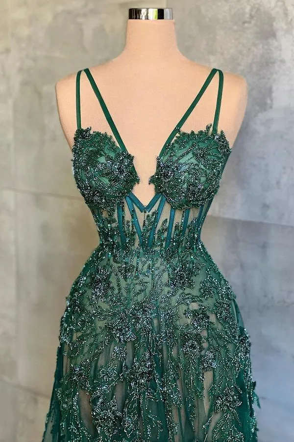 Charmante robe de soirée longue en tulle vert foncé, décolleté en cœur, sans manches, robe de bal formelle