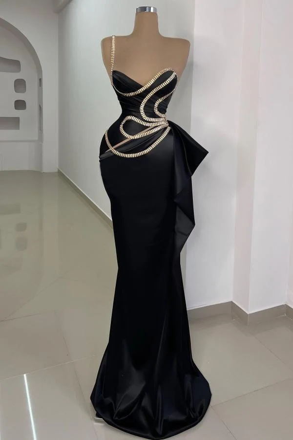 Robe de bal sirène noire chic à bretelles en cristal et coupe moulante