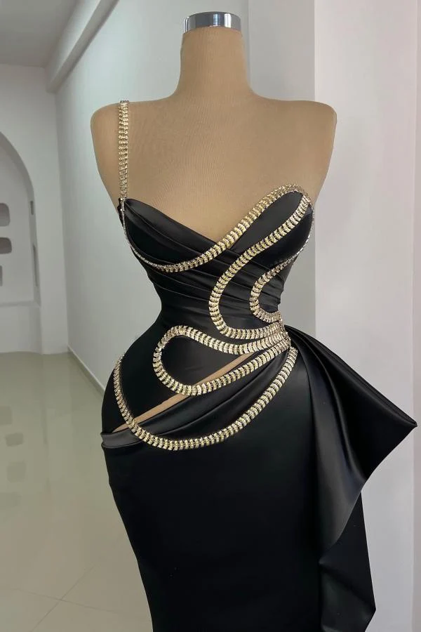 Robe de bal sirène noire chic à bretelles en cristal et coupe moulante
