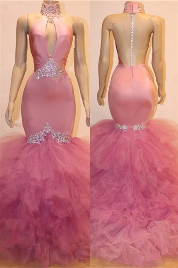 Robe de bal sirène élégante en tulle à trou de serrure : robe de soirée sans manches, ornée de perles et de cristaux