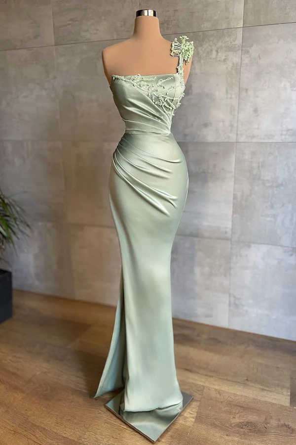 Robe de bal sirène élégante en satin à une épaule, avec applications et volants, pour femme