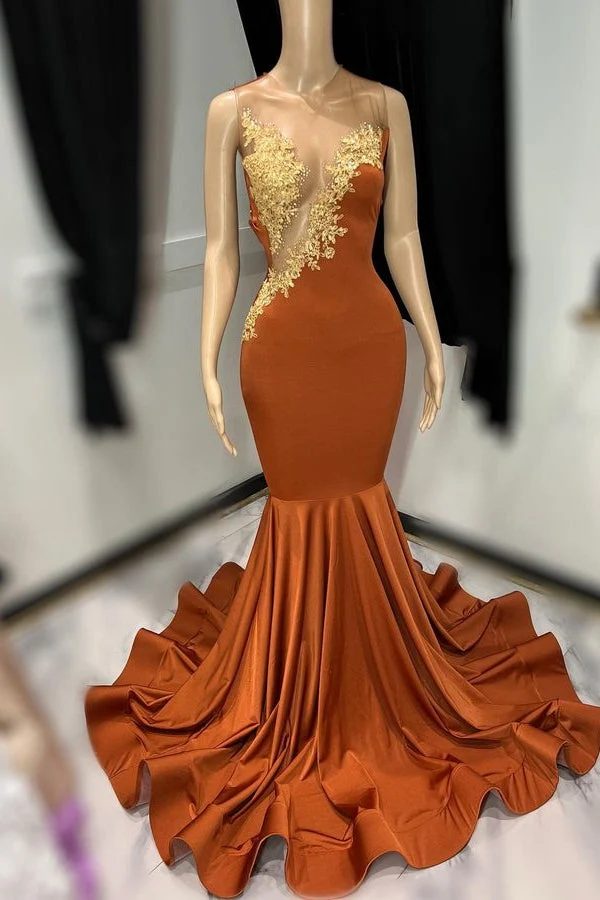 Robe de bal sirène marron sans manches en tulle avec appliqués – Robe longue élégante