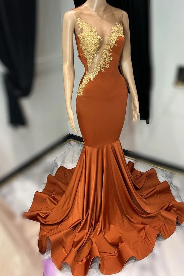 Robe de bal sirène marron sans manches en tulle avec appliqués – Robe longue élégante