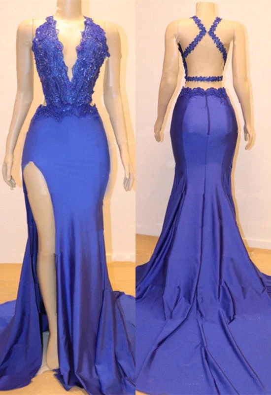 Robe de bal sirène bleue élégante avec décolleté en V et appliques en dentelle exquises