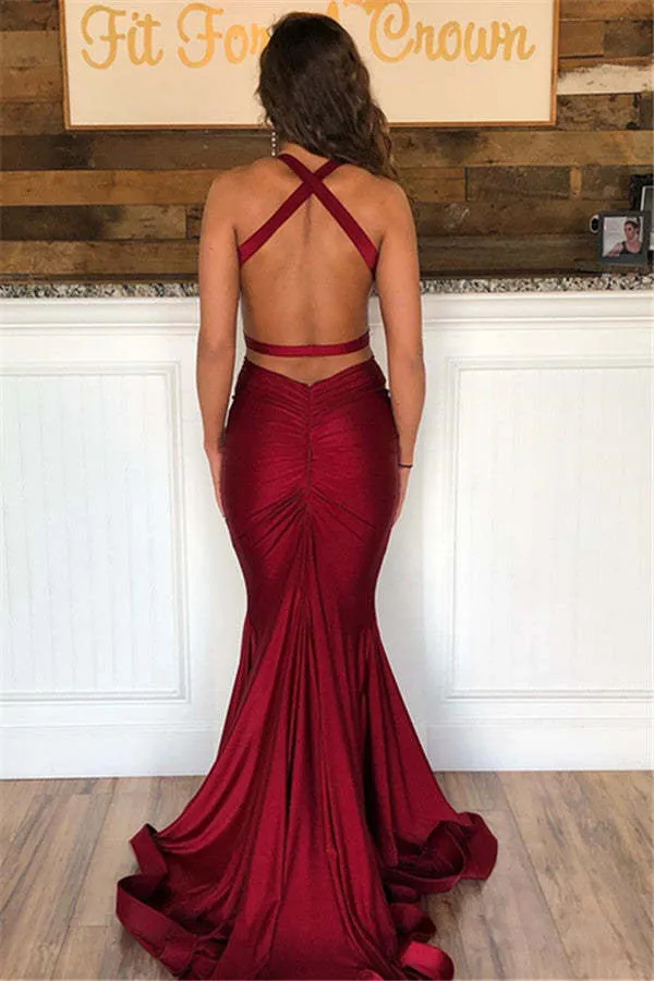 Robe de bal sirène bordeaux élégante sans manches : élégante robe longue à col en V et dos nu
