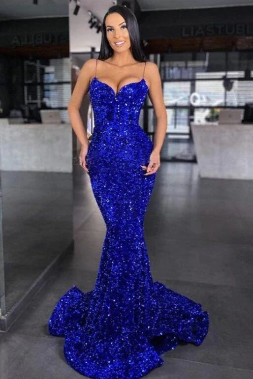 Robe de bal sirène bleu roi scintillante à bretelles spaghetti et paillettes