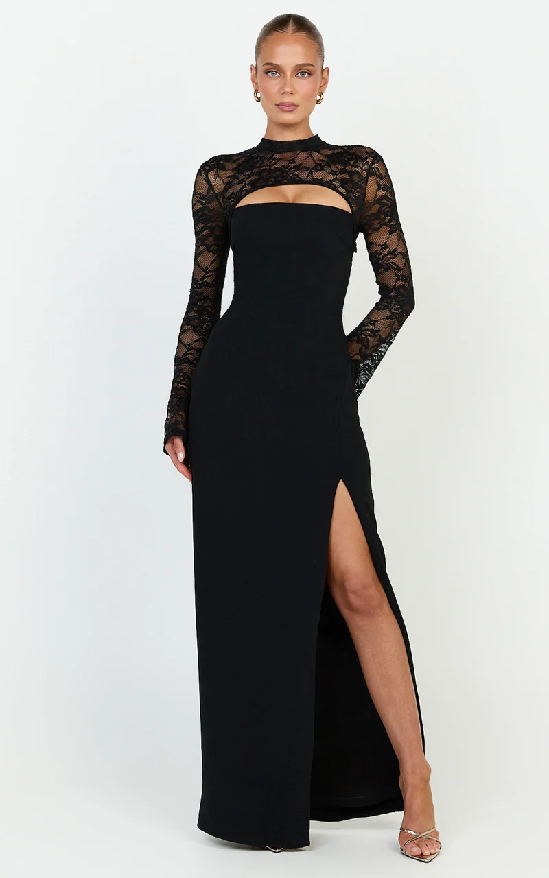 Sia Maxi Dress - Cut Out Lace Contrast Split Leg Dress in Black