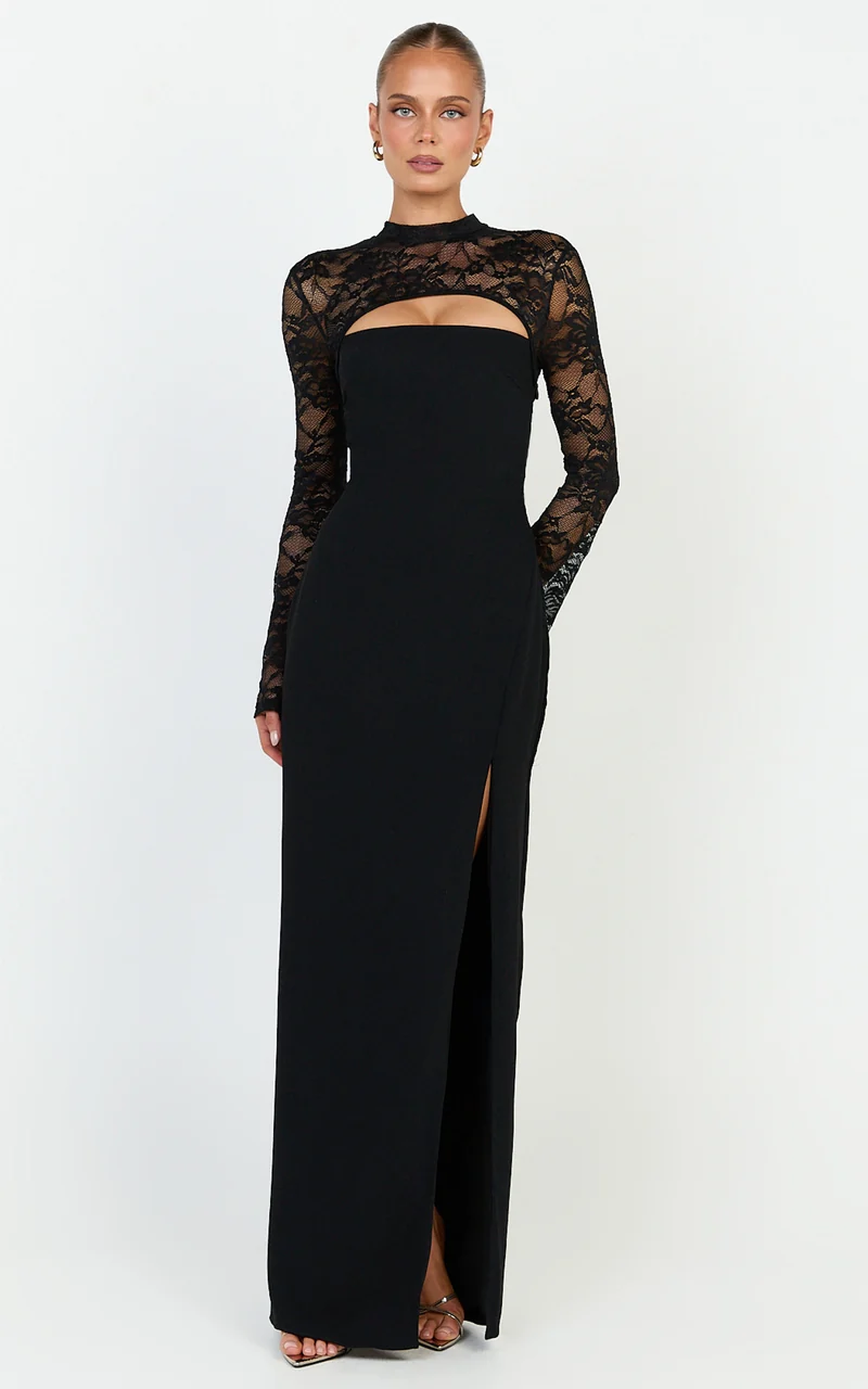Sia Maxi Dress - Cut Out Lace Contrast Split Leg Dress in Black