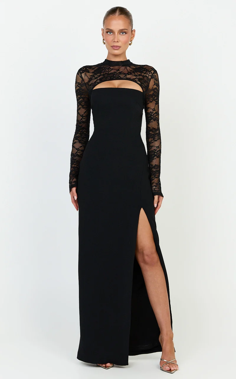 Sia Maxi Dress - Cut Out Lace Contrast Split Leg Dress in Black
