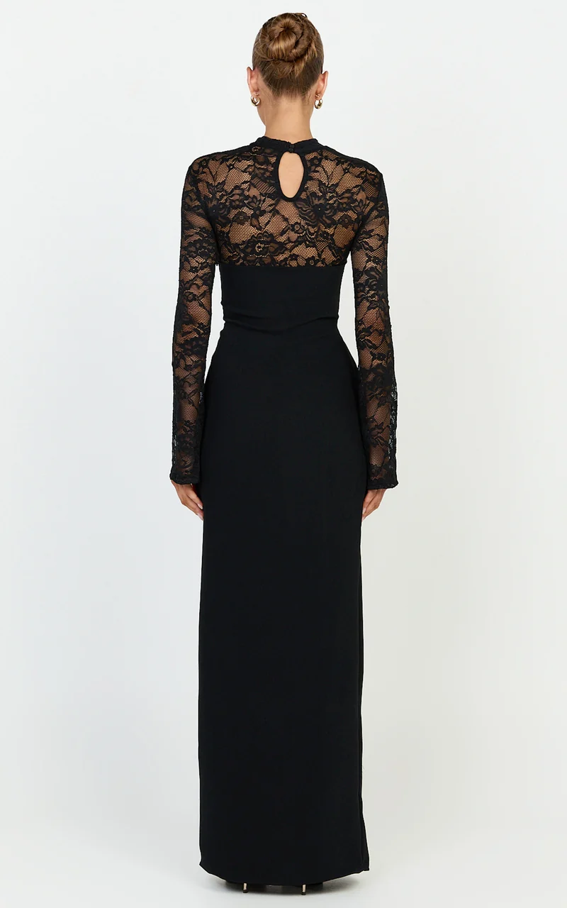Sia Maxi Dress - Cut Out Lace Contrast Split Leg Dress in Black