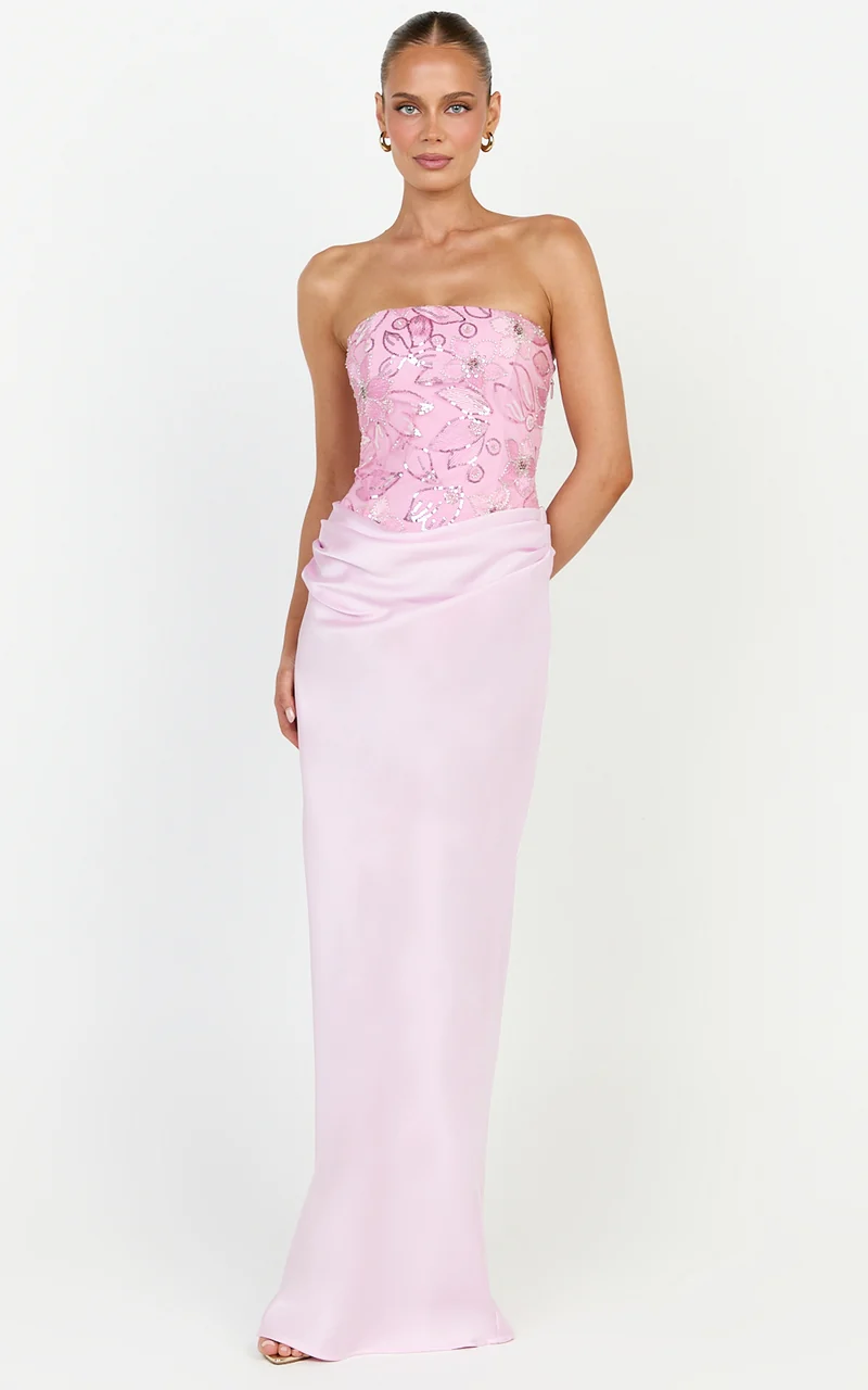 Amie Maxi Dress - Strapless Sequin Bodice Dress With Draped Satin Skirt in Pink