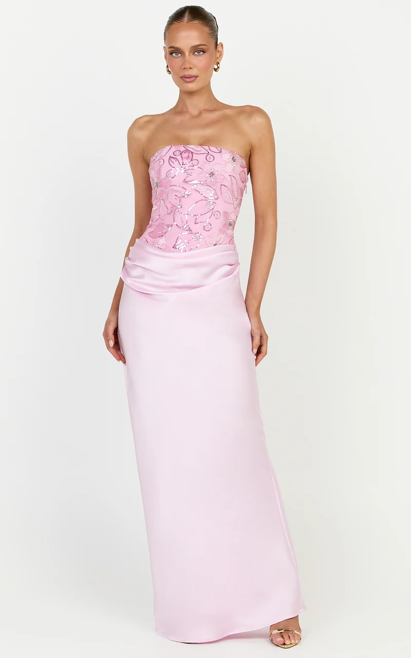 Amie Maxi Dress - Strapless Sequin Bodice Dress With Draped Satin Skirt in Pink